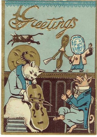 Victorian Christmas Card Anthropomorphic Cat Dog Nursery Rhyme The Cat & Fiddle