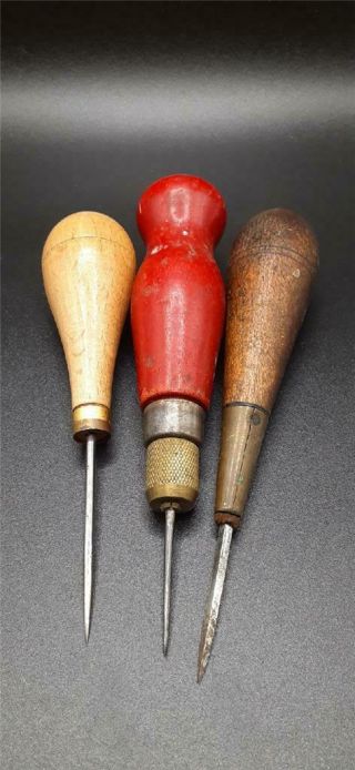 3 Vtg Leather Tools Awls Lacing Stitching Tools