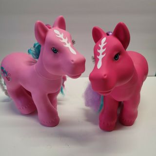 Vintage 2 Large 11 " Pink My Little Pony Heart Horse Toy Long Eyelashes Pre - Own