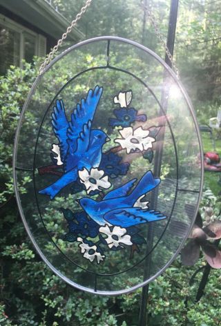 Vintage Stained Glass Suncatcher Bluebirds And Flowers Oval 6”x 9”