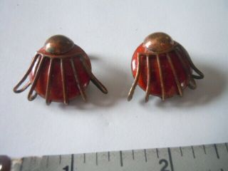 Vintage Mid Century Matisse Signed Red Enamel And Copper Clip On Earrings