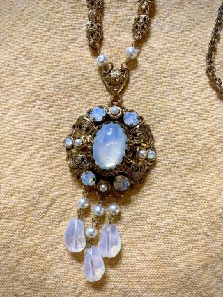 Vintage Antique Gold Tone Necklace With Faux Pearls & White/blue Tone Glass