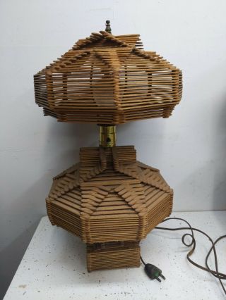 Gorgeous Vintage Intricate Tramp Folk Art Popsicle Stick Table Lamp 20 " Tall