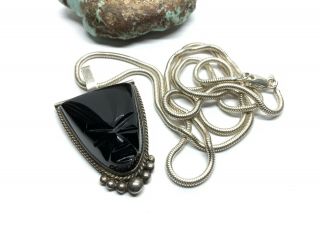 Vintage Mexico Sterling Silver Carved Black Onyx Face Mask Pendant 24” Necklace