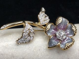 Lovely Vintage Nolan Miller Gold Tone & Rhinestone Enamel Flower Brooch Pin