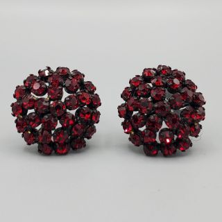 Vintage Austria Siam Red Crystal Japanned Dome Clip Earrings