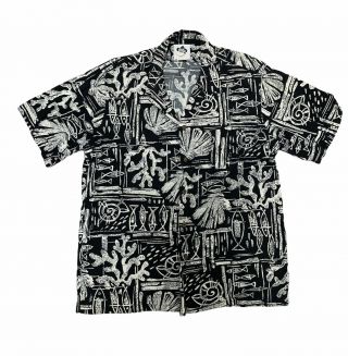 Vintage Hilo Hattie Hawaiian Aloha Black White Fish Snail Shirt Size Xl