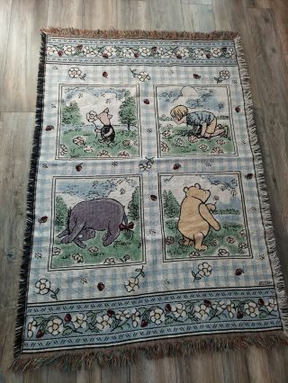 Vtg Classic Winnie The Pooh Disney Fringed Woven Tapestry Throw Blanket Rn 14900