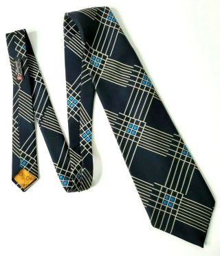 Vintage Christian Dior Navy Blue Square Geo Wide Polyester Tie 4 3/8 x 55 Rare 2