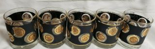 Vintage Set Of 5 Libbey Black And Gold Coin Low Ball Juice Tumblers 3 1/2 " T