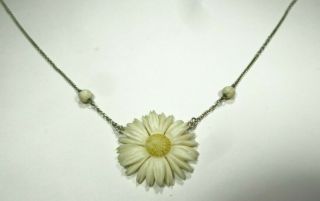 Vintage Carved Bovine Bone Flower Daisy Pendant Necklace Sterling Silver 925