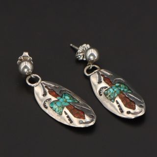 Vtg Sterling Silver - Navajo Coral Turquoise Peyote Bird Dangle Earrings - 4g