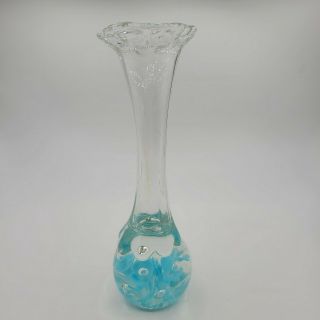 Vintage 8.  5 In Joe St Clair Blue Flower Bubble Art Glass Paperweight Bud Vase