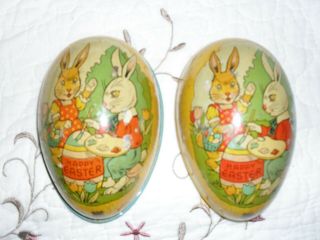 Rare Vintage J.  Chein & Co.  Metal Tin Litho Rabbits Painting Easter Egg
