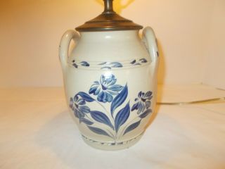 Vintage Small Maloney Pottery Blue Floral Salt Glazed Table Lamp Handled Jug Jar