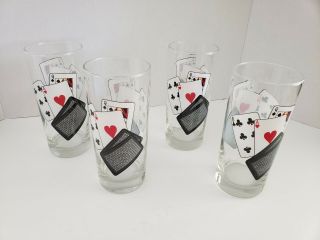 Drinking Glasses Playing Card Poker Tumbler 6 " 12 Ozs Vintage Set Of 4
