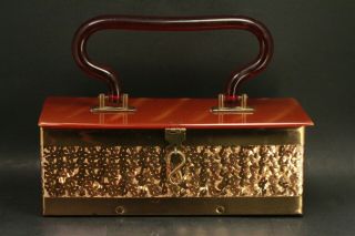 Vintage Lucite And Metal Red And Gold Purse With Sequins