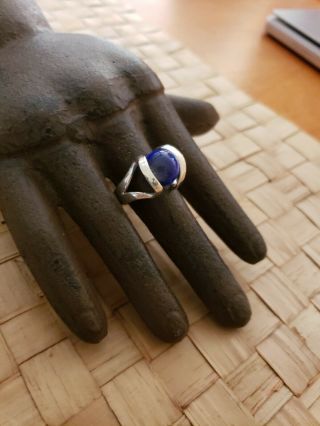 Vintage Sterling Silver And Blue Glass Ball Cage Ring Sized 5 To 6