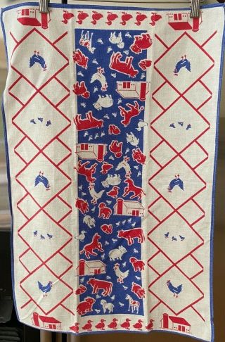 Vintage Cotton Tea Towel - Barn And Barnyard Animals - Red,  White And Blue - 1940/1950s