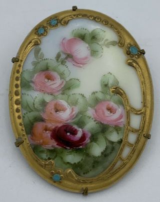 Vintage Hand Painted Brooch/pin - Pink & Red Roses W/gold Accents