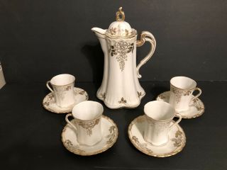 Antique Vintage Set Coffee Hot Chocolate Pot,  4 Cups & Saucers Nippon Gold Gilt