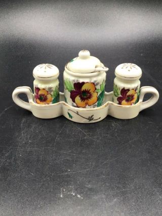 Vintage Occupied Japan Pansy Flowers Design Salt Pepper Shaker W/jam Jar