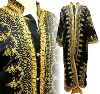 Long Vintage Black Moroccan Metallic Gold Embroidery Ceremonial Caftan Robe