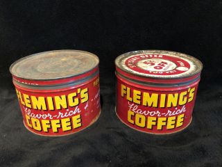 2 Fleming’s Flavor Rich Red Coffee Cans Empty￼ 1 Pound Vintage Antique