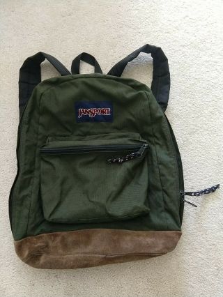 Jansport Vintage Classic Leather Bottom Backpack Bag Green Hiking School Travel