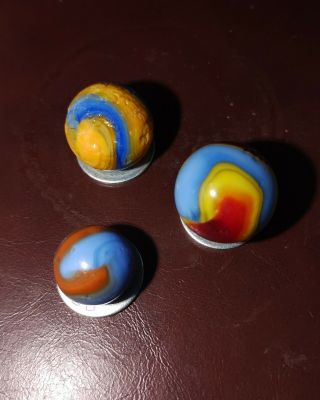 3 Vintage Akro Agate Corkscrew Marbles Played With Very Good Superman
