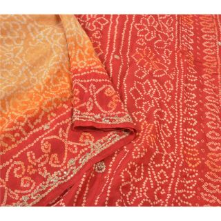 Sanskriti Vintage Dark Red Sari Pure Silk Hand Beaded Bandhani Sarees Fabric