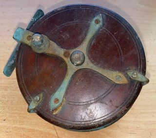 Vintage 4.  5 " Wood And Brass Star Backed Fishing Reel Sun Patent No 18338/85