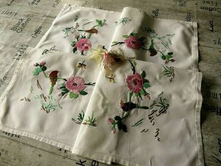 Vintage Hand Embroidered Tablecloth/ Sweet Little Birds Perched On Flowers