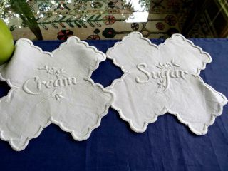 2 Antique Victorian Linen Afternoon Tea Doilies Hand Embroidered " Cream & " Sugar