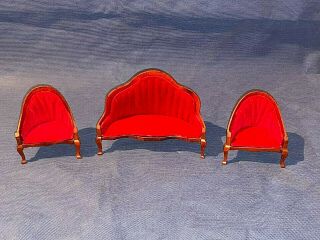 Red Velvet And Wood Settee Couch With 2 Chairs Dollhouse Furniture