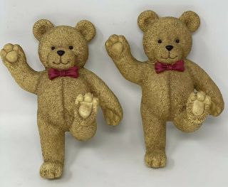 Home Interiors Teddy Bear Coat Hooks Set Of 2 Resin Tan Red Bow Tie Vintage Baby