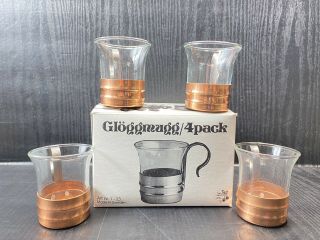 Vintage Swedish Copper And Glass Wine Jenaer Glas Glögg Mug 2.  5 Inches Set Of 4