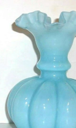 Fenton Art Glass Melon Vase Designer Blue Ruffle Double Crimped Crest Vintage