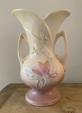 Vtg Hull Magnolia Art Pottery Floral Vase Double Handle Usa 8 - 10 1/2 " Pink,  Yellow