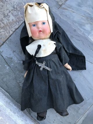11” Vtg Antique Nun Doll Composition Blue Eyes Red Lips