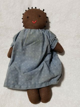 Vintage Soft Black Americana Folk Art Doll Handmade In Blue Dress