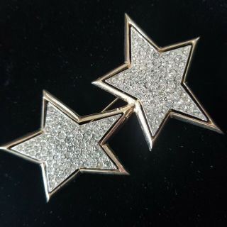 Vtg Signed Kenneth Jay Lane Pave Rhinestone Double Star Large Brooch Pin 3.  25 "