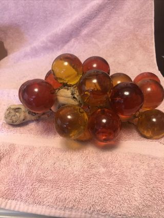 Vintage Lucite Glass Acrylic Grape Cluster On Driftwood Amber Gold Orange 1960