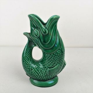 Vintage Dartmouth Devon Pottery Glug Jug Fish Vase Green 7 " / 18cm Tall