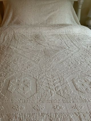 Vintage Snowy White Cotton Chenille Bedspread 96 X 208