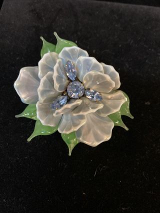 Vintage Signed Regency Flower Pin Brooch Blue Molded Glass Gold Tone
