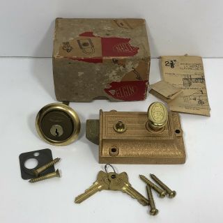Vintage Elgin Cylinder Rim Night Latch Deadbolt Door Lock With Keys Made In Usa