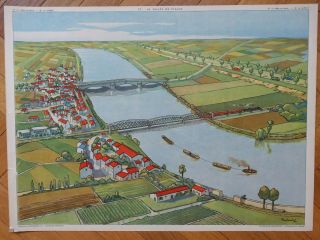Vintage French 1960s Double - Sided School Poster Rossignol Geography River