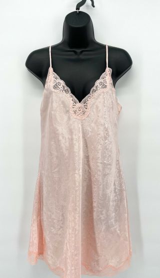 Vtg Victoria Secret Womens Gold Label Pink Shiny Lace Nightgown Teddy Lingerie M
