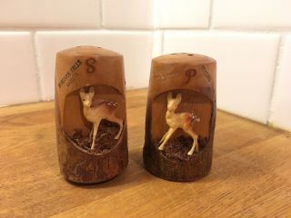 Vintage Wood Carved Deer Salt And Pepper Shakers